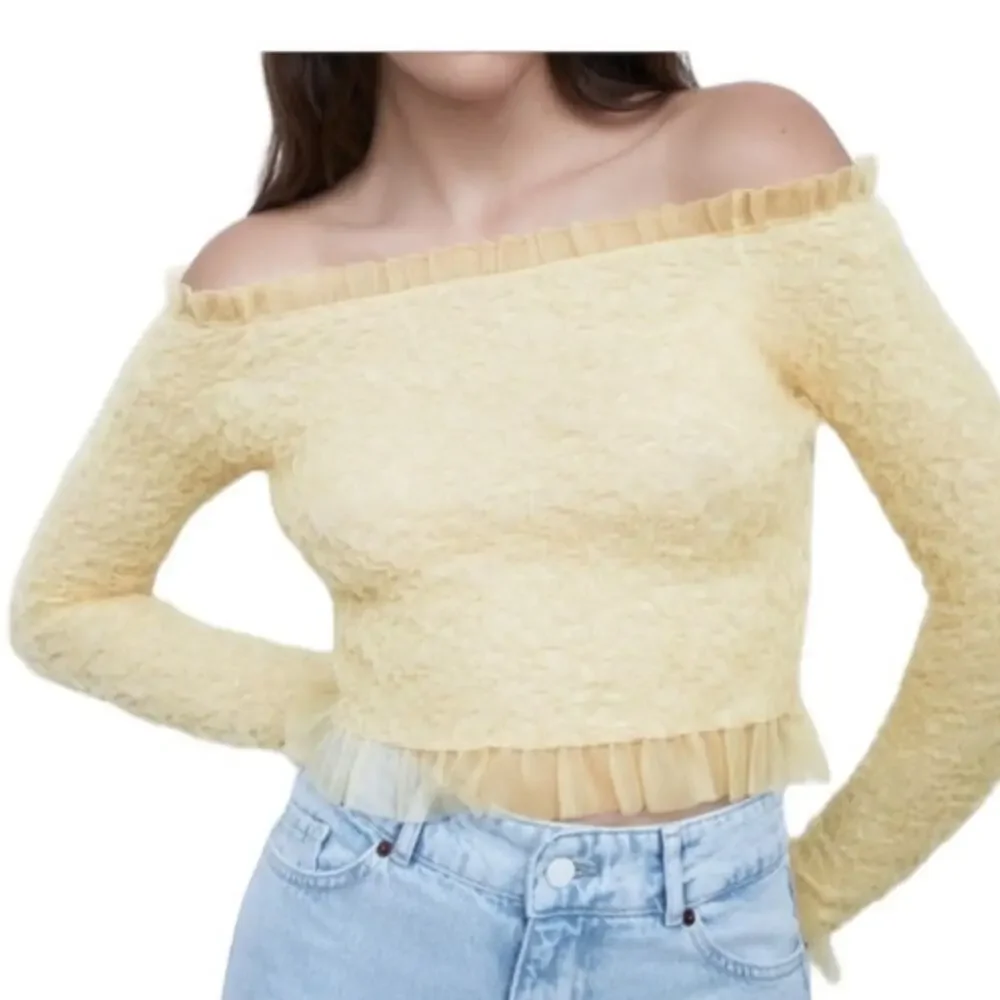NWT ~ ZARA Beige Lace Tulle Off Shoulders Tight Crop Knit Top ~ Women's SMALL - Picture 2 of 9